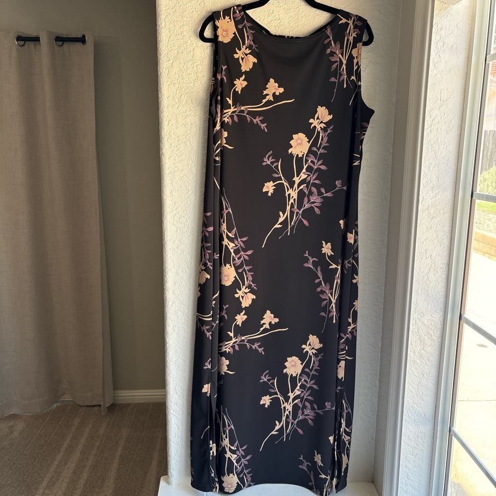 Notations Womens L/XL Maxi Dress Vintage 90s Floral Sleeveless Black Tan Slit